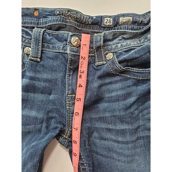 Miss Me Signature Boot Jeans Women 28 Blue Camo Sequin Embellished Dark Wash - Picture 8 of 9